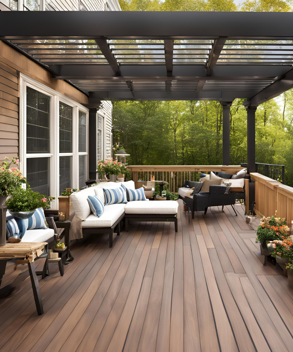 modern pergola attached to house
        on the deck